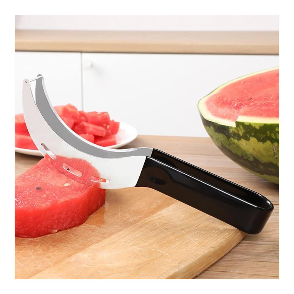 Hochwertiger Obstschneider aus Edelstahl | Melonenschneider mit hakenförmiger Klinge | Perfekt für Wassermelone Melone Drachenfrucht & Papaya (Schwarz) | Leichtes Schneiden und Servieren