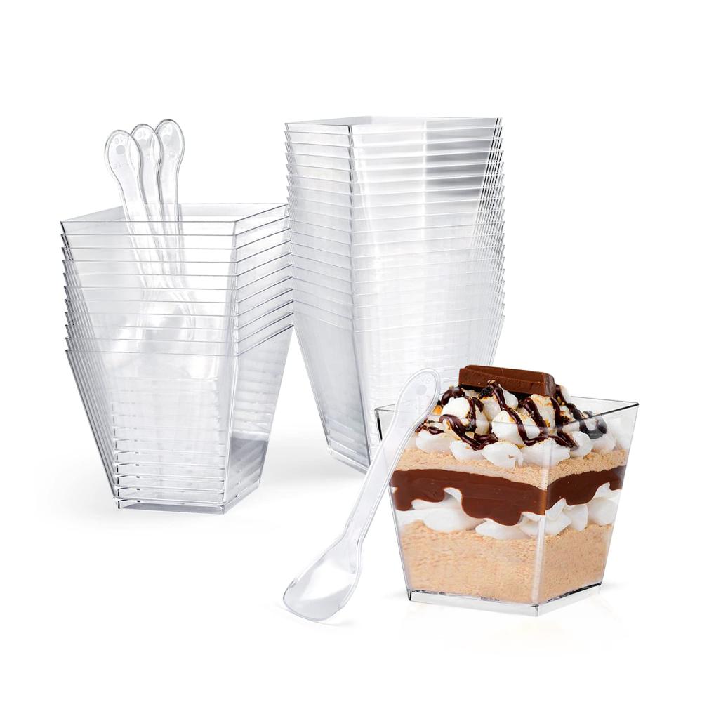 Premium Dessertbecher Set 30 Stück 200ml quadratische Dessertschalen mit Löffeln - Perfekt für Dessertpartys Pudding Mousse & Eis - Wiederverwendbare Kunststoffschalen & Schüsseln