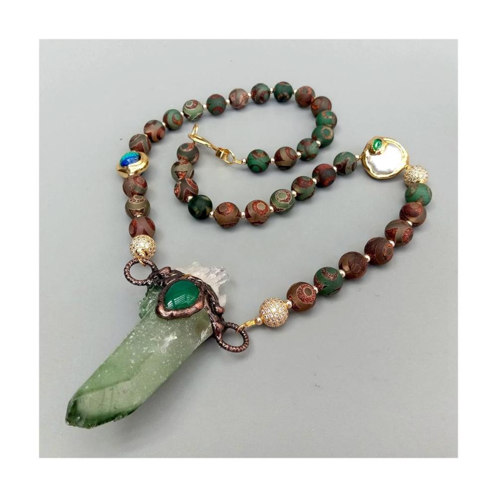 Exklusives Zimmerbrunnenzubehör Feng Shui Wasserquelle für harmonische Wohnaccessoires & Deko - Handgefertigter Achat Münzbrunnen mit Muranoglasperlen grünem Quarzpunkt-Anhänger 24 Zoll Eleganz von QINTINYIN