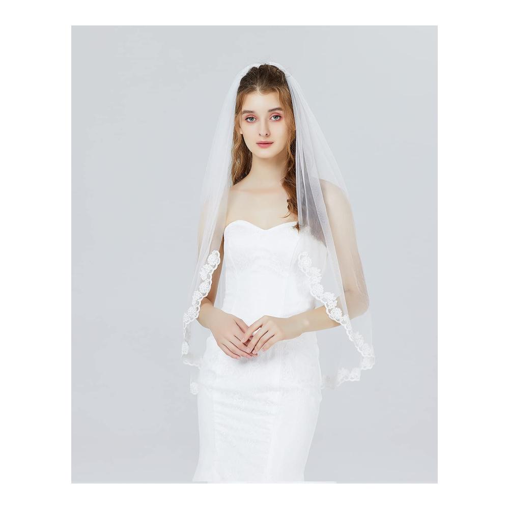 Eleganter Brautschleier aus weichem Tüll mit Spitzenborte und Metallkamm - Perfektes Accessoire für die Braut zur Hochzeit - Lang & Kurz in Weiß oder Ivory - 1 Schicht - V79