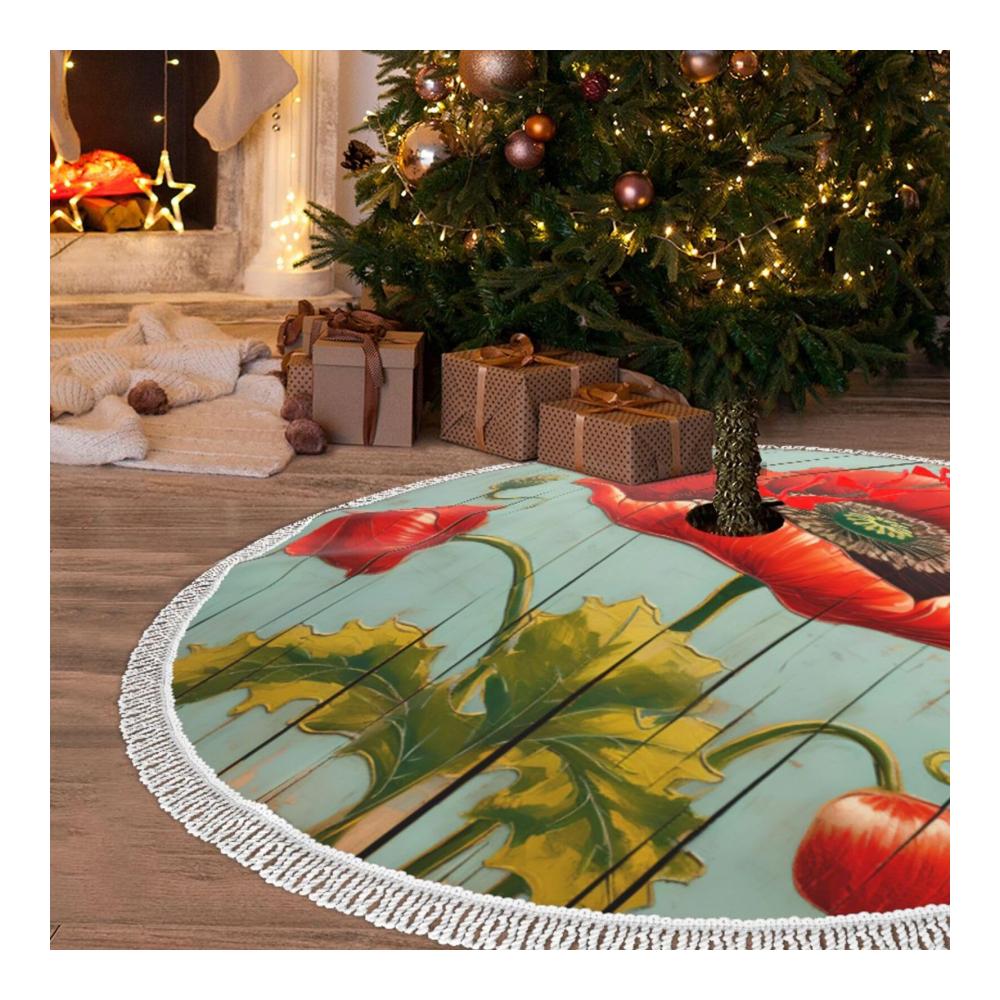 Rustikaler Weihnachtsbaumständer Poppy Old Wood Panel Painting Weihnachtsbaumständer mit Quaste 48 Zoll - Bauernhaus Weihnachtsbaumständer für festliche Xmas-Dekoration