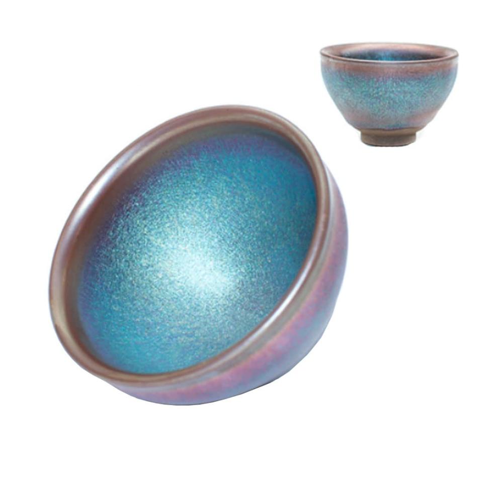 Handgefertigte Teetassen & Untertassen Vintage Tenmoku Design künstlerischer Griff Glasuren in Blau-Grün. Traditionelles Keramik-Teeset ideales Geschenk 100 ml Kapazität. Entdecken Sie den Genuss stilvollen Teetrinkens