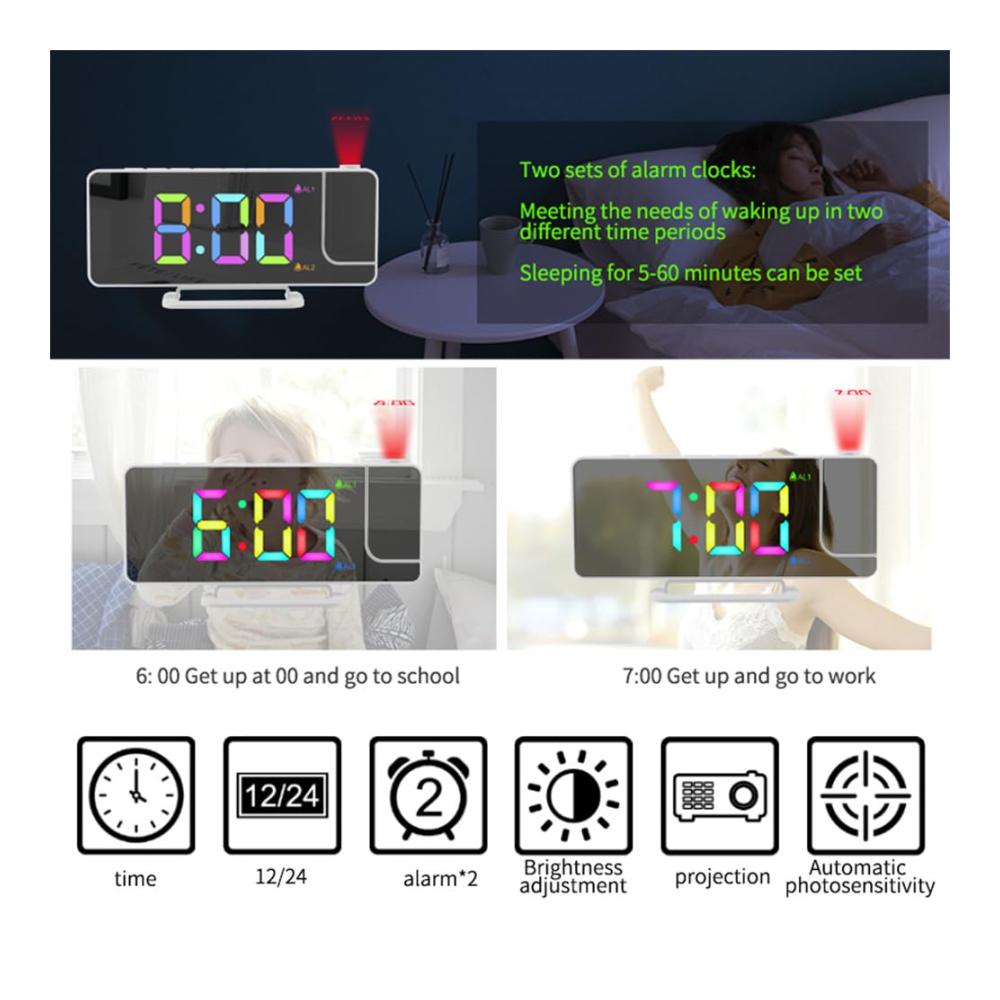Erweiterter Projektionswecker 18 cm (73 Zoll) LED-Spiegelbildschirm 180° drehbar USB-Port Schlummerfunktion 6 Helligkeitsstufen. Moderne Digitaluhr für den Nach