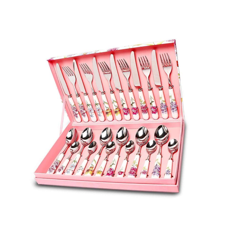 Hochwertiges 24-teiliges Besteckset aus Edelstahl mit eleganten Keramikgriffen | Perfekt poliert für Hochzeiten Weihnachten und Geburtstage | In zartem Rosa