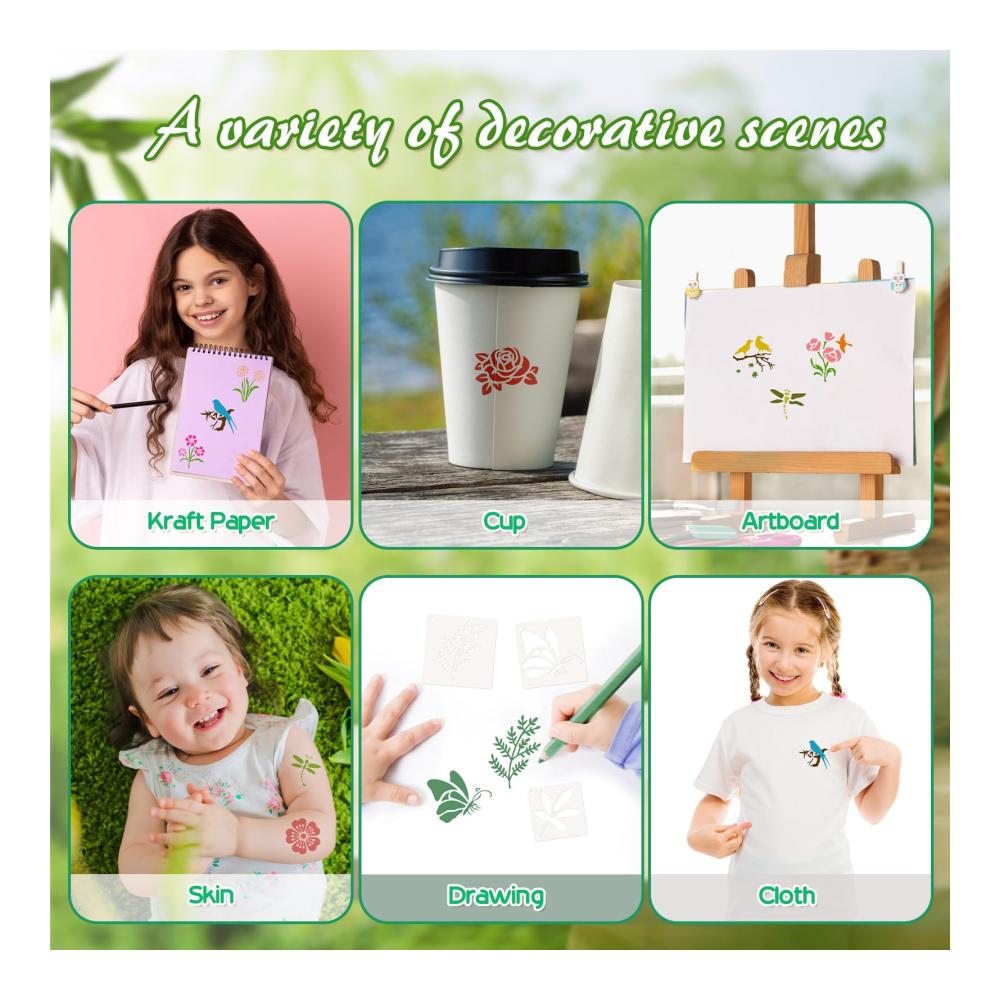 Kreative Meisterwerke gestalten! 100-teiliges Schablonen-Set für Zeichnen Malen und DIY-Kunst. Blumen Blätter Vögel - Wiederverwendbare Kunststoff-Schablonen für Holz Boden Scrapbooking und Handwerk