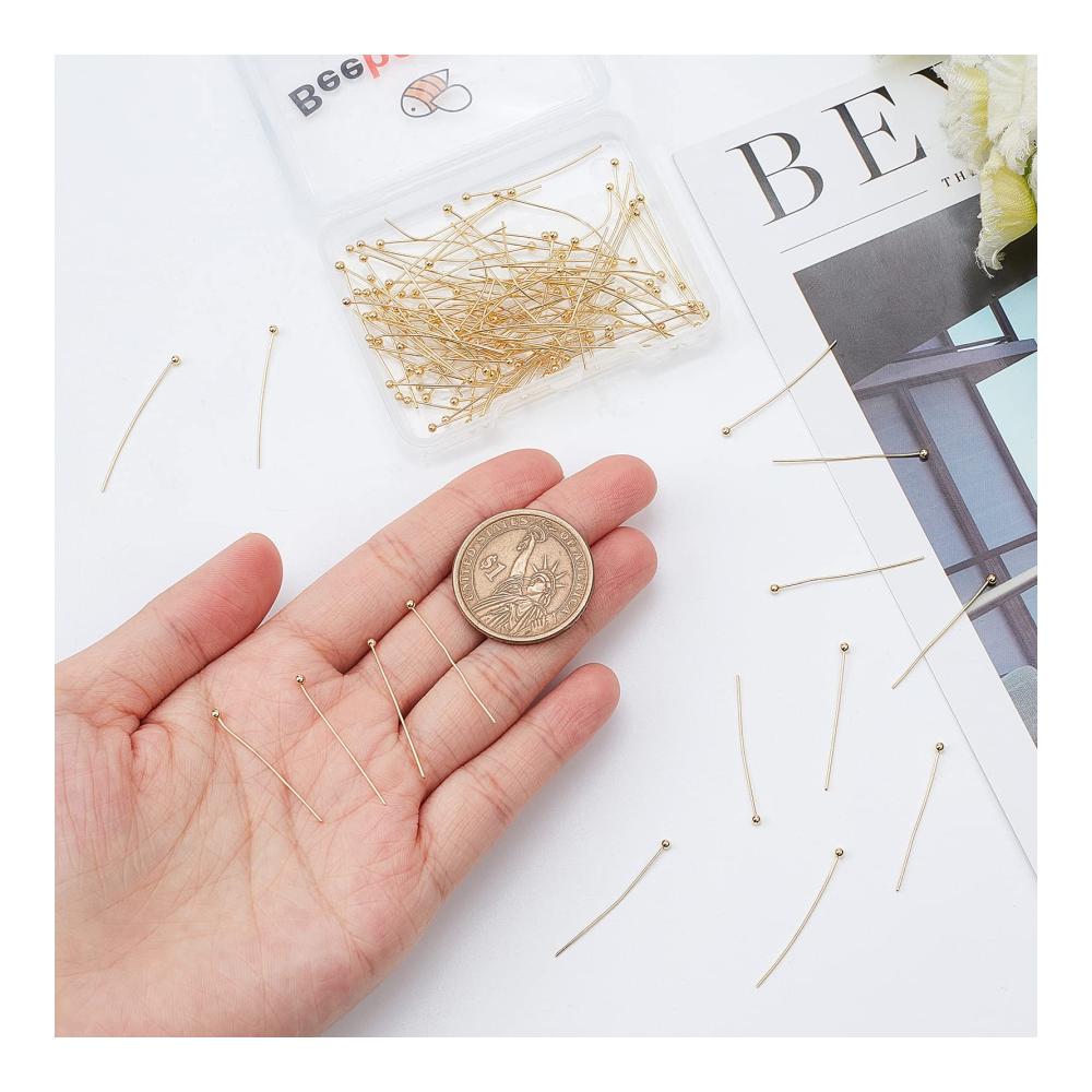 Schmuckherstellungs-Sets 200 Stück/Box 18 Karat Vergoldete Kugelkopfstifte aus Messing 30 mm für DIY-Herstellung von Charm-Perlen - Kopf 2 mm