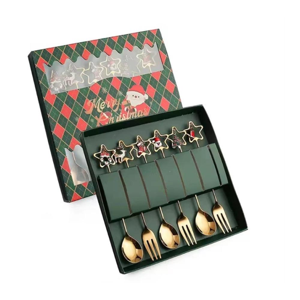 Erleben Sie festliche Eleganz 6er-Pack Edelstahl Obstgabeln - Weihnachtsmotiv Löffel und Gabel Set für kreative Weihnachtsparty-Dekoration Obst und Desserts Weihnachtsbaum-Weihnachtsmann-Design (Farbe Grün3