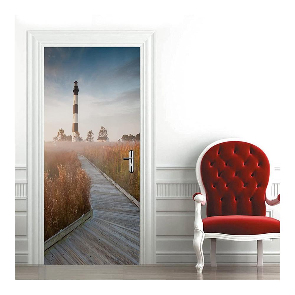 Tür Poster 3D Aufkleber - Selbstklebendes Wandbild mit Leuchtturm und Holzbrücke - Türaufkleber für einzigartige Wohnzimmer- Schlafzimmer- oder Badezimmergestaltung - 77x200 cm