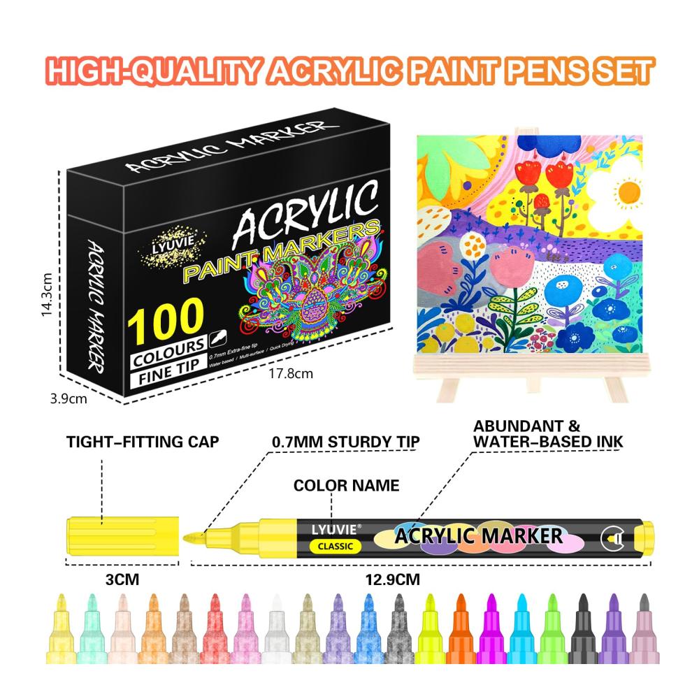 Lyuvie Acrylstifte Set - 100 Farben | Wasserfest & Extra Feine Spitze | Für Steine Glas Holz Metall Keramik | Perfekte Marker & Filzstifte für Rock Painting und mehr