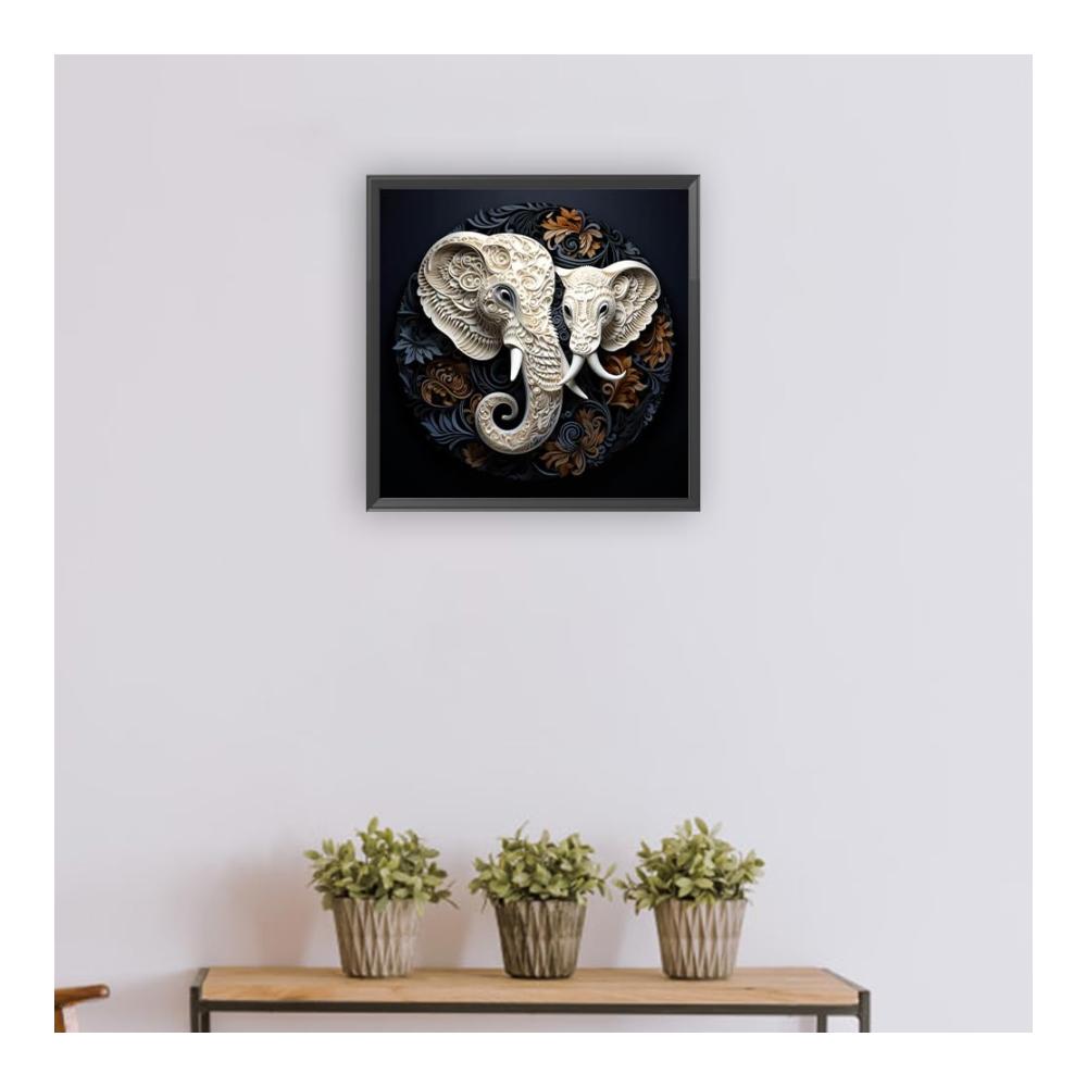 Kreatives DIY-Glasmalerei-Set 5D Diamantgemälde - Weiße Elefant-Reliefs im runden Bohrer-Stil für Heimdekoration - 30 x 30 cm