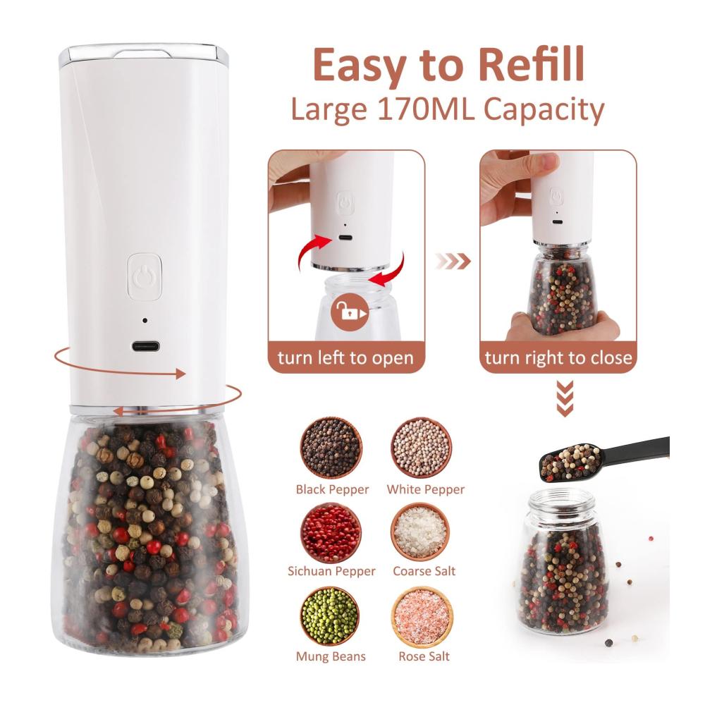 Elektrische Pfeffermühle mit LED-Licht-Set | Automatischer Salz- und Pfefferstreuer | Verstellbare Gewürzmühle | Keramikmahlwerk | Moderner Dressing- & Gewürzspender | Kaffeemühle für frische Aromen