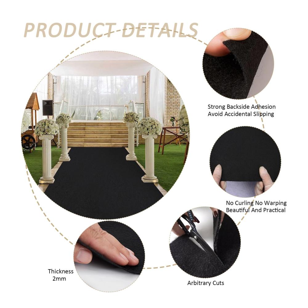Hochwertiger Gangläufer Teppich Schwarz | Event Läufer 2mm Polyester Rutschfeste Bodenteppiche für Kirchenfeiern Geburtstagsdekorationen | 12 * 15M