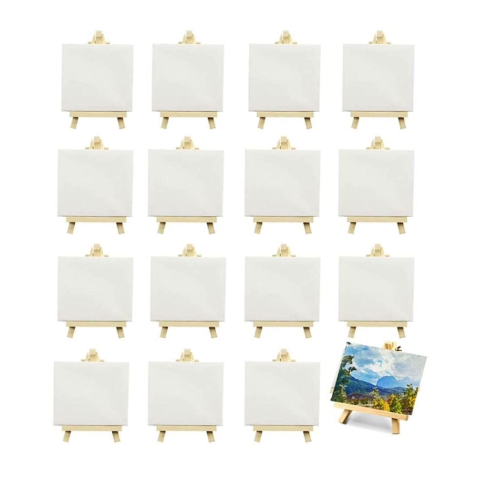 16 Mini-Leinwände 10x10 cm mit Staffeleien - Ideales Set für Kinderkunst Malerei und Handwerk - Hochwertige Kunstleinwand - 16 Stück