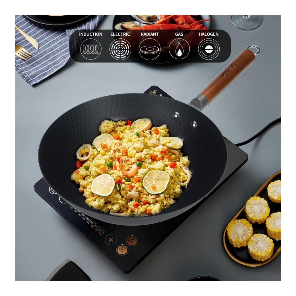 Premium Karbonstahl Wokpfanne 30cm | Für Gesundes Kochen Braten & Schmoren | Ohne Chemische Beschichtung | Flacher Boden Wok für Induktion Gas & Mehr | Inkl. Re