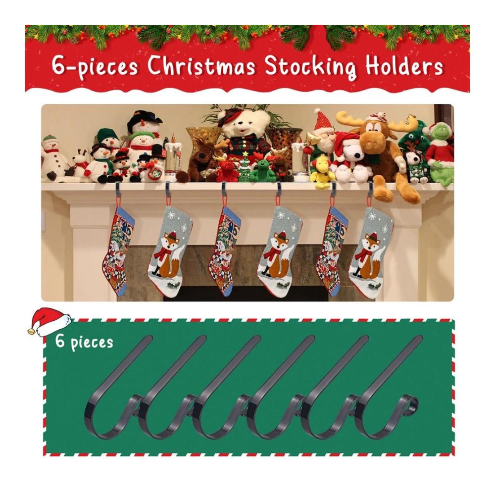 Weihnachtsstrumpfhalter-Set für festliche Kamindekoration | 6 Halter Schwarz | Weihnachtssockenhaken für stilvolle Weihnachtsatmosphäre | Praktische Haken für Weihnachtsstrümpfe und mehr