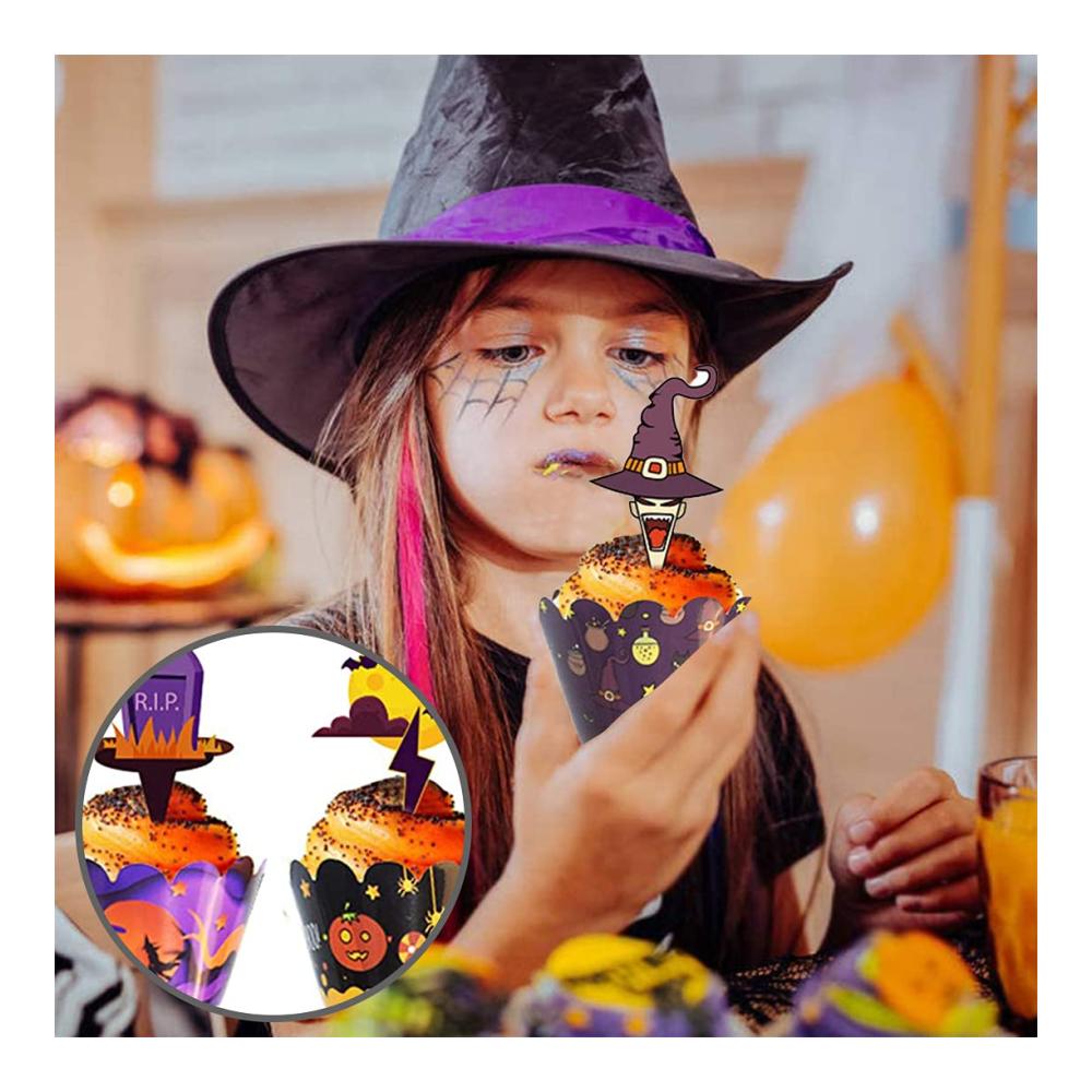 48 Stück Einweg-Backbecher Halloween Cupcake Dekoration Kürbis Spinne Schädel Zauberer Muffin | Handgefertigte DIY Zahnstocher Flaggen für gruselige
