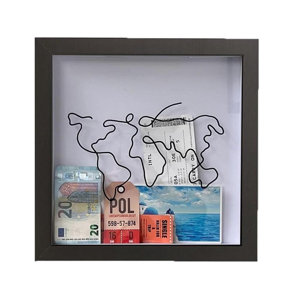 Kreativer Keilrahmen Reisemomente festhalten mit Weltkarten-Design für Abenteurer - Erinnerungen stilvoll präsentieren - Memory Box für Souvenirs Medaillen Tickets & Fotos (Schwarz