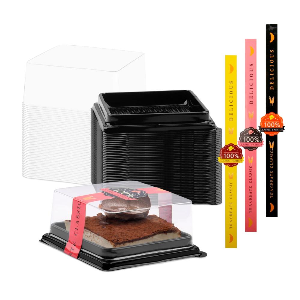 Kuchenbehälter Transparente Mini-Cupcake-Boxen aus Kunststoff (8.9 cm) für Muffins Kekse und Mondkuchen - Inklusive 50 schwarzer Bonusst