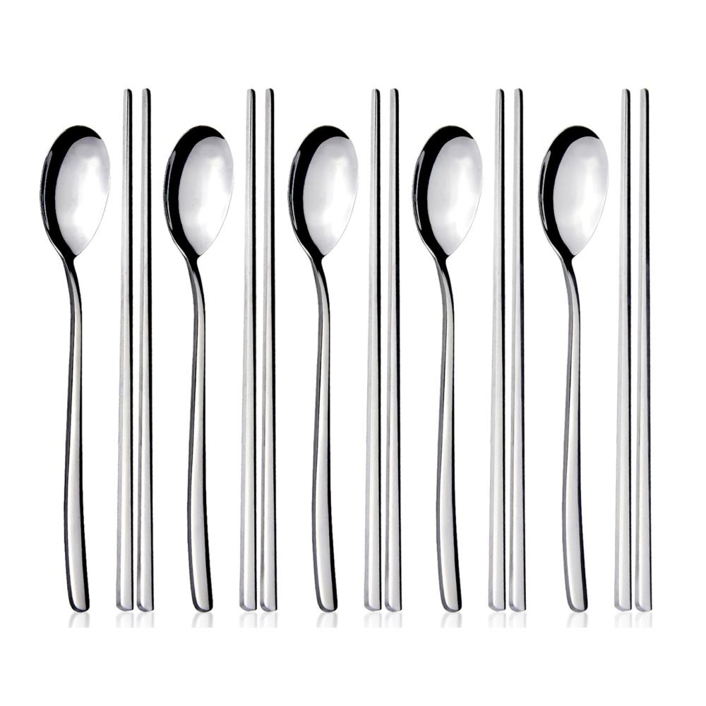 10 Stück Essstäbchen & Löffel Set – Wiederverwendbare Metall Flach Essstäbchen mit langem Griff für Küche Restaurant & Zuhause - Premium Qualität