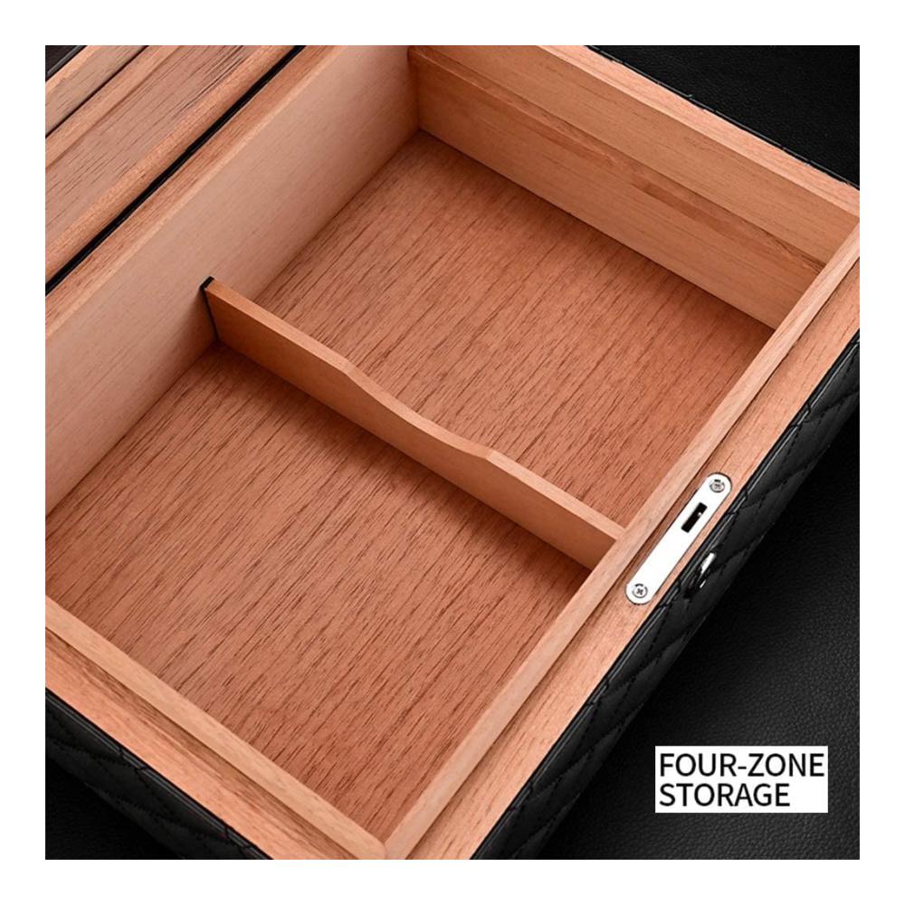 Premium Zigarren Humidor Kiste – Feuchtigkeitsspendendes Etui mit Lederumwicklung Doppelter Trennwand & Hygrometer – Platz für 50 Zigarren – Stilvoll in Braun Grau & Schwarz – 32.4x24.4x12.2