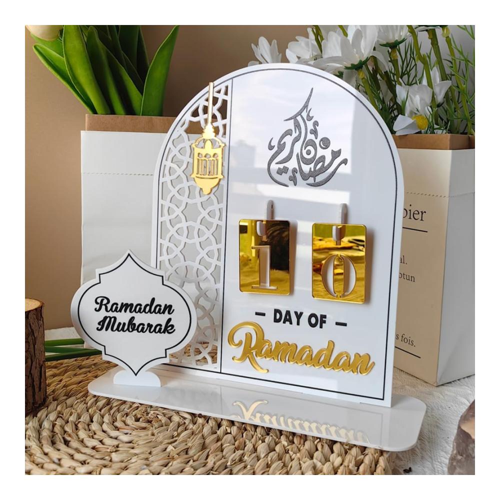 Dekorativer Ramadan-Adventskalender DIY Eid Mubarak Ornament Dekoration 30 Tage bis Eid Muslimische Ramadan-Geschenke für Kinder und Partydekoration (Weißes Acryl