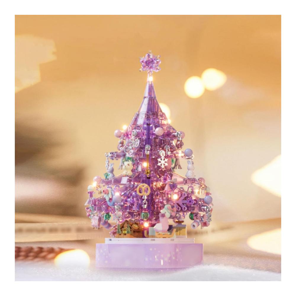 Erstaunliche Lila Kristall Weihnachtsbaum Spieluhr Bausatz mit 729 Stücken DIY Montage Absolut Rotierendes Modell Weihnachtliches Bausteinspielset für Festliche Freude