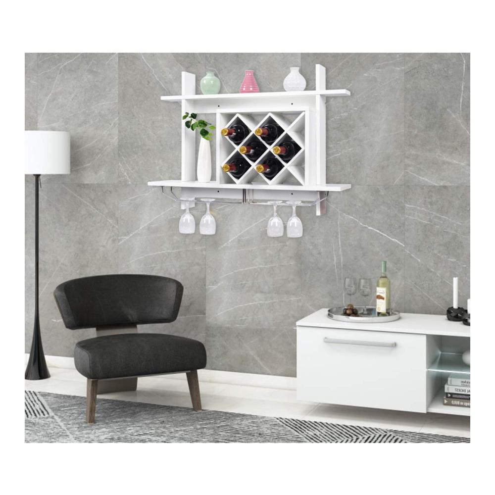 Entdecken Sie Eleganz Weinregal Holz Flaschenregal mit Weinglashalter - Stilvoller Weinständer für 6 Weinflaschen - Schweberegal für Esszimmer Küche Wohnzimmer & Kaffeestube - Platzsparendes Hängeregal zur Wandmontage in Weiß. Organisieren Sie Ihren Wein stilvoll