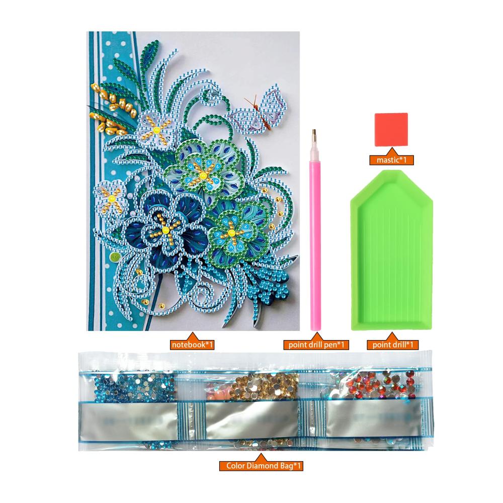 Diamant Malerei Notizblock für Erwachsene | 100 Seiten | Weiß | Schulbedarf | Schulanfang | Skizzenbuch | Ideales Geschenk für Geburtstag und Weihnachten | Blauer Phalaenopsis Blume