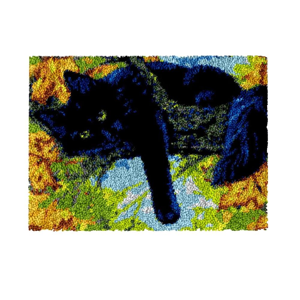 Entdecke die Kreativität mit ROCKY&CHAO Knüpf-Sets – DIY-Teppichherstellung für Kinder & Erwachsene – Perfekte Heimdekoration mit Ruhender Schwarzer Katze – Inklusive Kreuzstich-Set – 50x38 cm