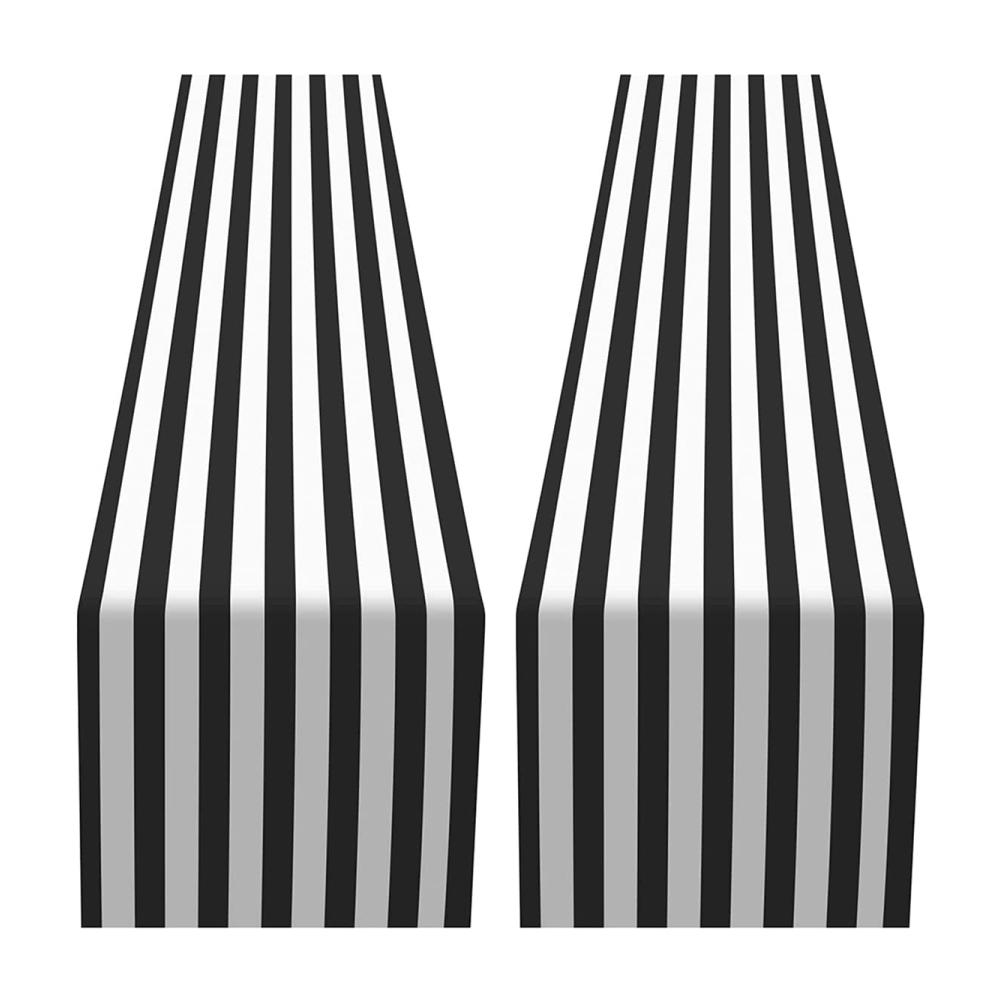 2er-Pack Gestreifter Tischläufer aus strapazierfähigem Polyester - Perfekt für drinnen und draußen - Dekorative Tischdecke für Veranstaltungen und Familienessen - Schwarz-Weiß Design