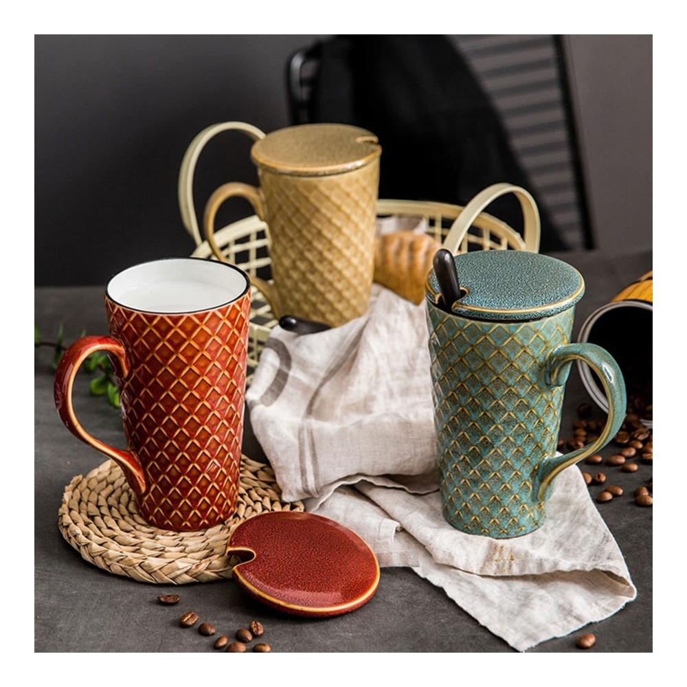 Nordisches Becherset 500ml Keramikbecher mit Deckel & Löffel - Kreativer Trinkgenuss für Zuhause Büro & Teezeit - Suppentassen in Gelb