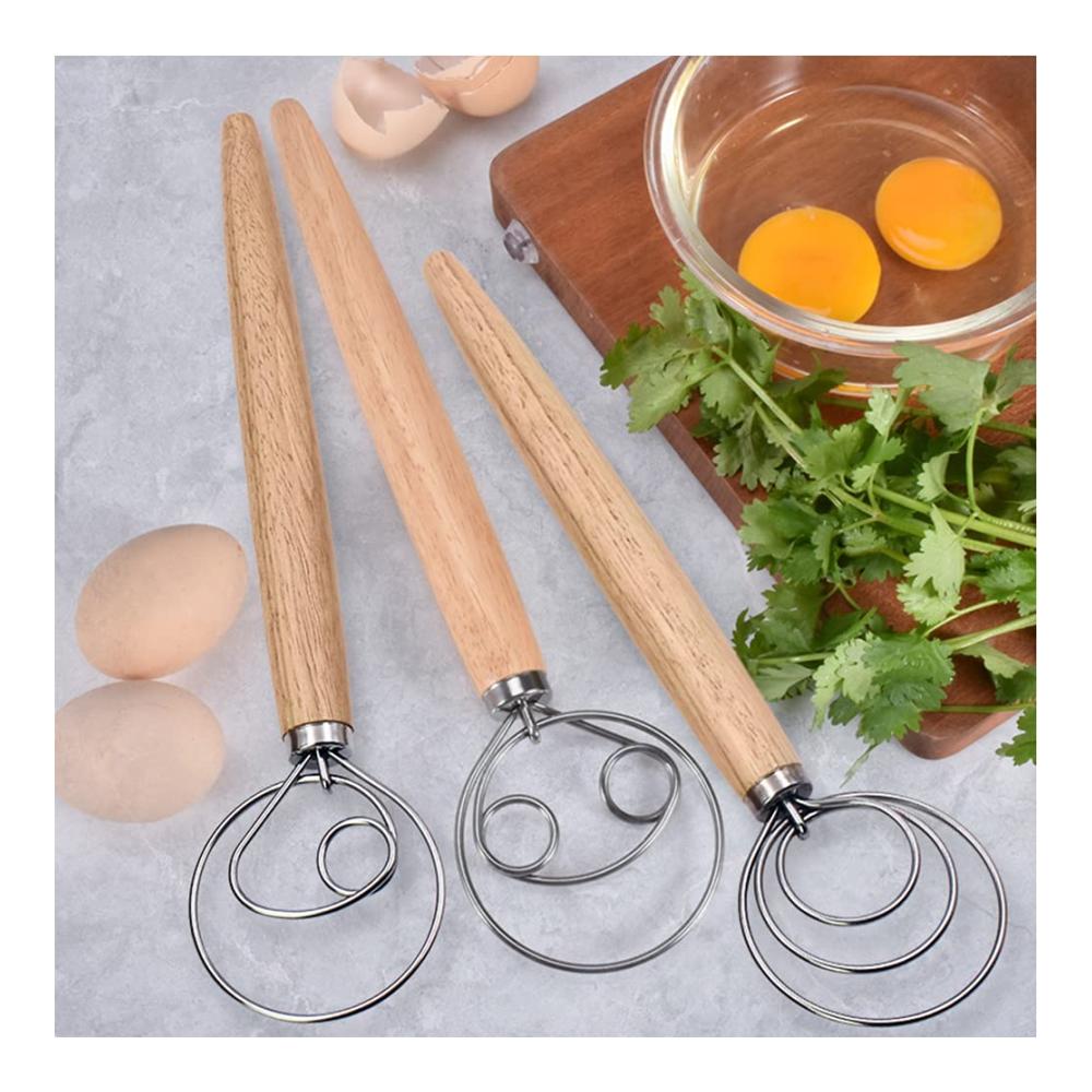 Professionelle Dänische Schneebesen Set | 3-teiliger Brotteig & Eierschläger | Holzgriff Mixer für Backen | Ideales Backwerkzeug für Brot Gebäck & Desserts | Robuste Qualität 13 Zoll