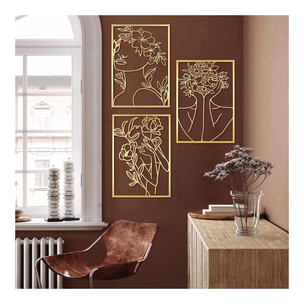 Edles 3-teiliges Set Gold Wandskulpturen - Moderne Metallskulpturen Frauenkörper Wanddeko - Abstrakte Wandkunst für stilvolle Wandgestaltung und Ambiente im Wohnzimmer Schlafzimmer und Badezimmer