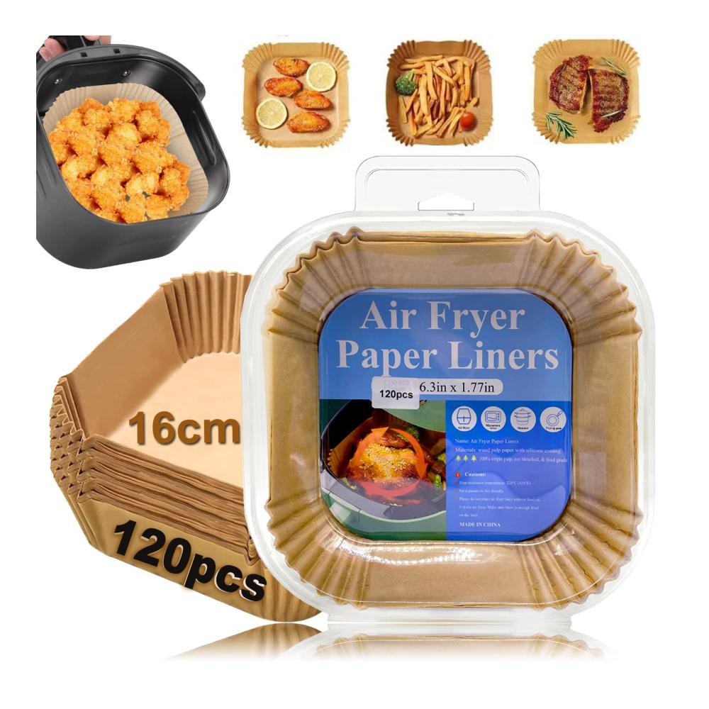 Backpapier für Heißluftfritteuse - 120 Stück quadratisch wasserdicht ölfest. Ideal für Airfryer Ofen und Mikrowelle. Antihaftbeschichtetes Pergamentpapier für einfache Reinigung und perfekte Ergebnisse beim Kochen