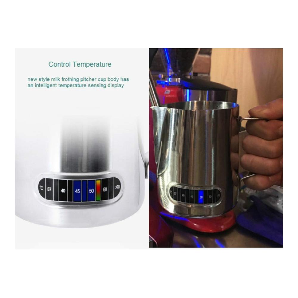Milchschaumkännchen mit Thermometer  SUS304 Edelstahl Temperaturkontrolle | Milchaufschäum-Krug für Latte Art und cremigen Kaffee | Dampfkrug 600 ml | Edelstahl silber 20oz