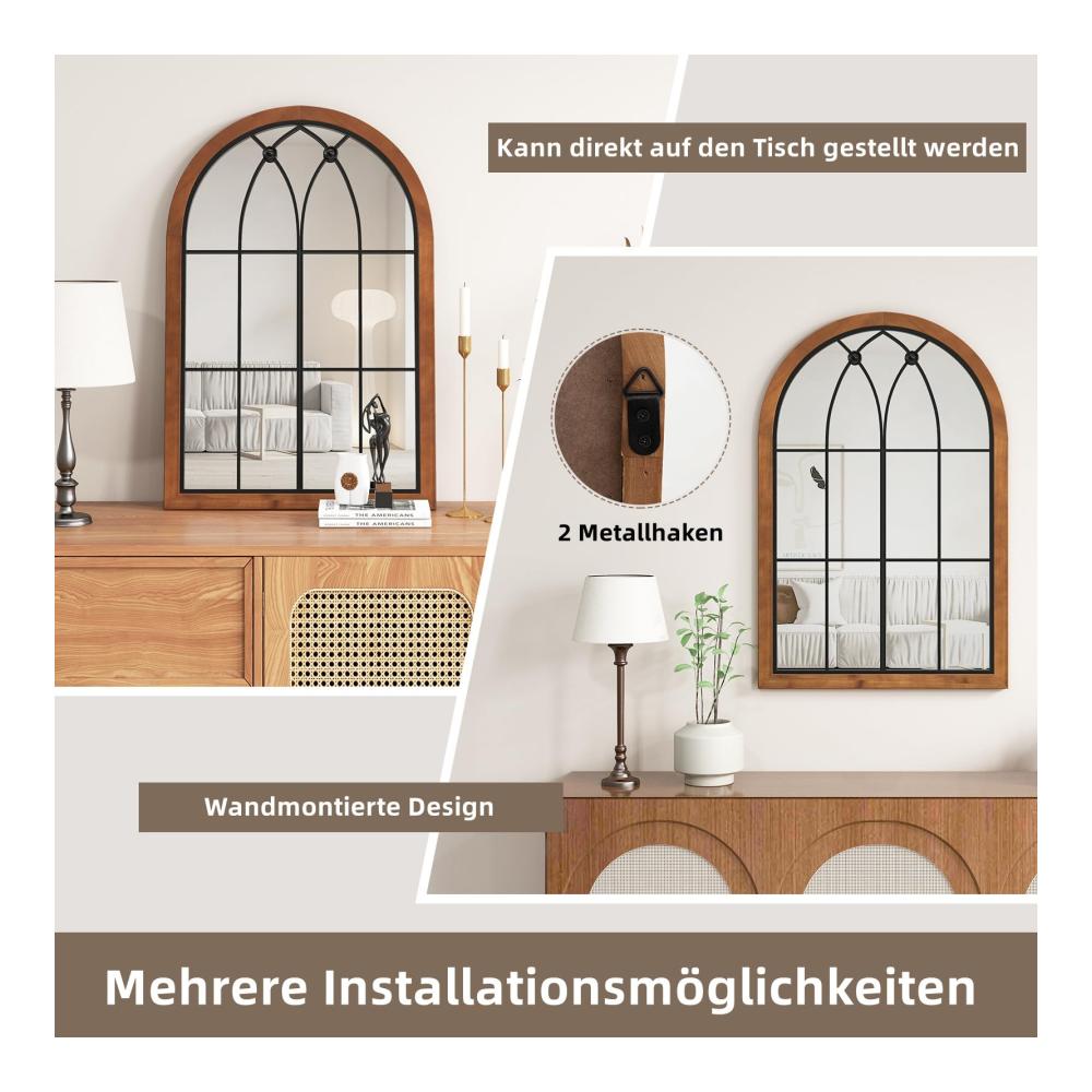 Entdecken Sie den Charme mit unserem Wandspiegel aus Tannenholz | Dekorativer Fensterspiegel mit elegantem Bogenrahmen für Wohnzimmer Schlafzimmer und Flur | Zeitlose Eleganz mit 90 x