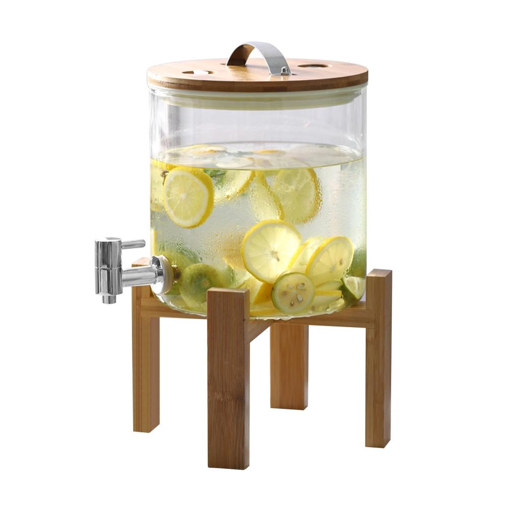 Wasserspender & Getränkespender 5L Glas mit Holzständer Zapfhahn & Deckel | Klarer Saftspender für kalte/heißer Getränke - Auslaufsicherer Limonadenspender | Inkl. Wasserfilter & Kartuschen