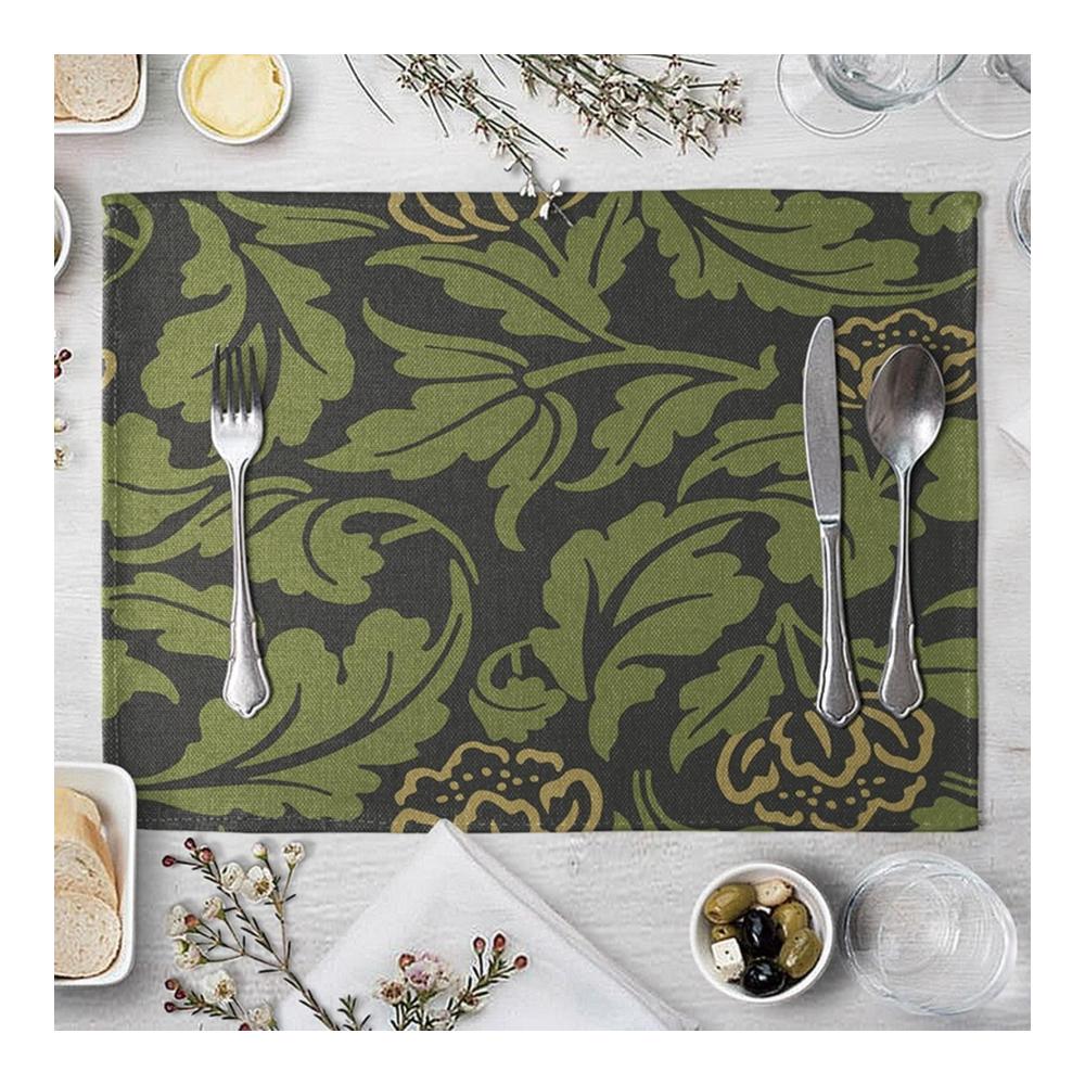 4er Set Platzsets Elegante Baumwolle-Leinen Tischmatten 40x30cm mit Retro Blumenmuster - Rutschfeste Platz-Matten für stilvolle Tischdeko im Zuhause Restaurant oder Speisetisch in Grün und Grau. Entdecken Sie zeitlose Eleganz