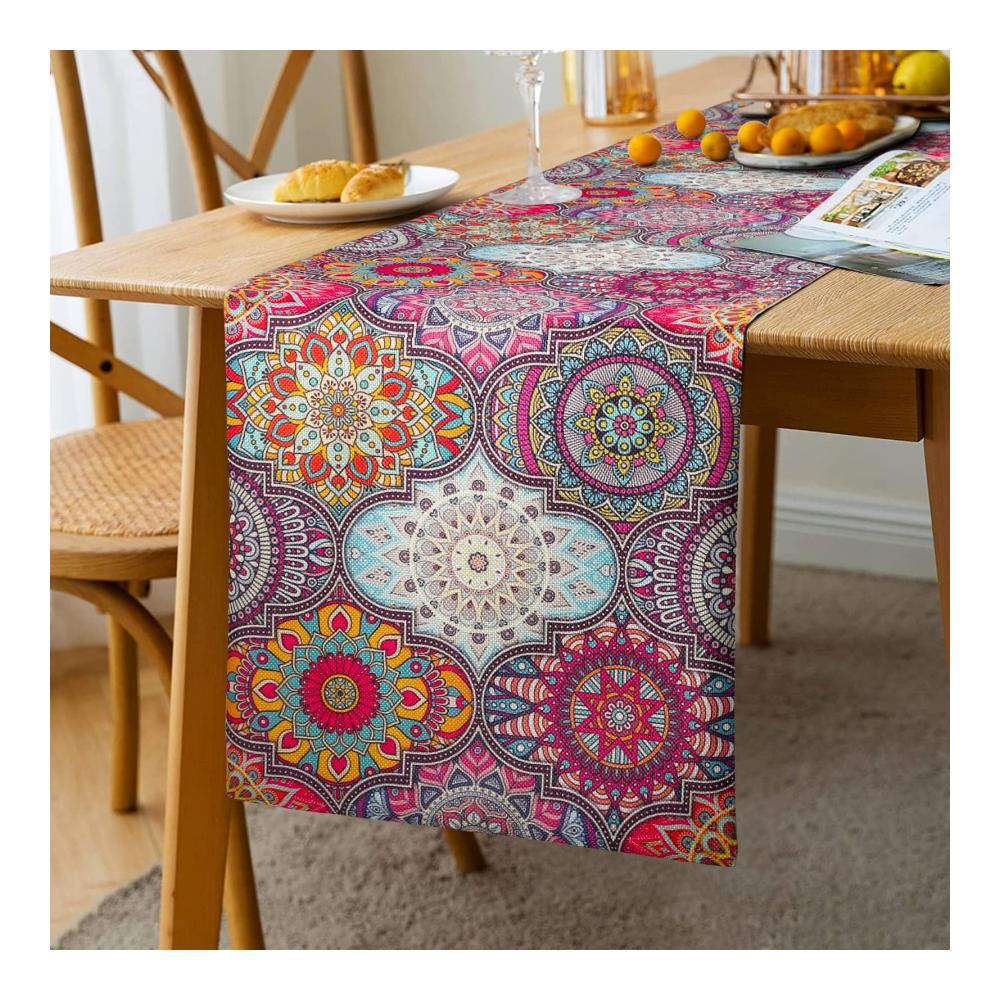 Boho Chic Exklusiver Leinen Tischläufer in Vintage-Optik - Bunter Hingucker für Tischdeko bei Hochzeit Party & Bankett - Marokkanisches Mandala Design - Ideales Geschenk für stilvolles Wohnambiente 33 x 183cm