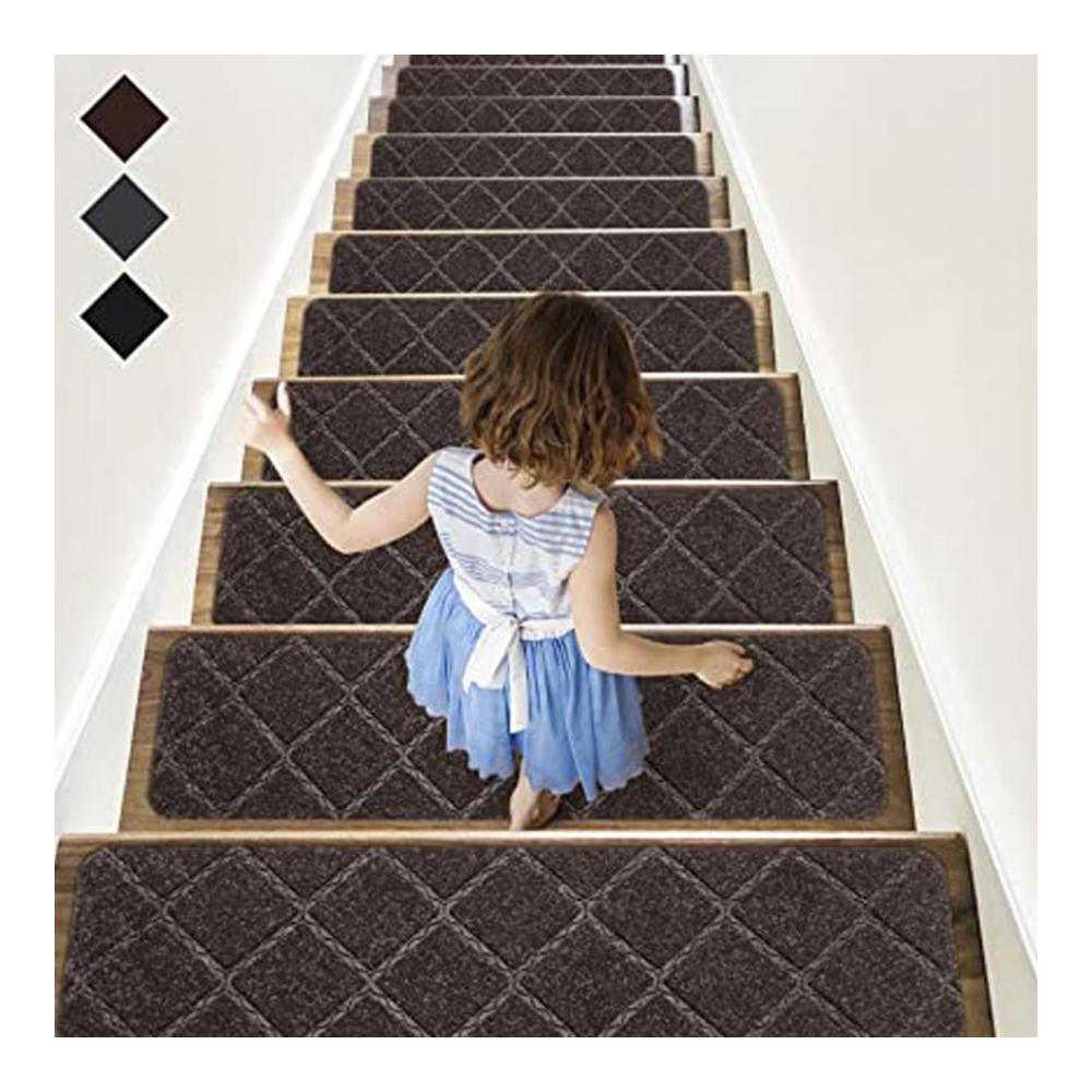 Stufenmatten 15 Stück Rechtwinklig 76x20.3cm | Selbstklebende Treppenteppiche Braun | Antirutschmatte für Kinder und Ältere | Schützen Sie Ihre Treppe
