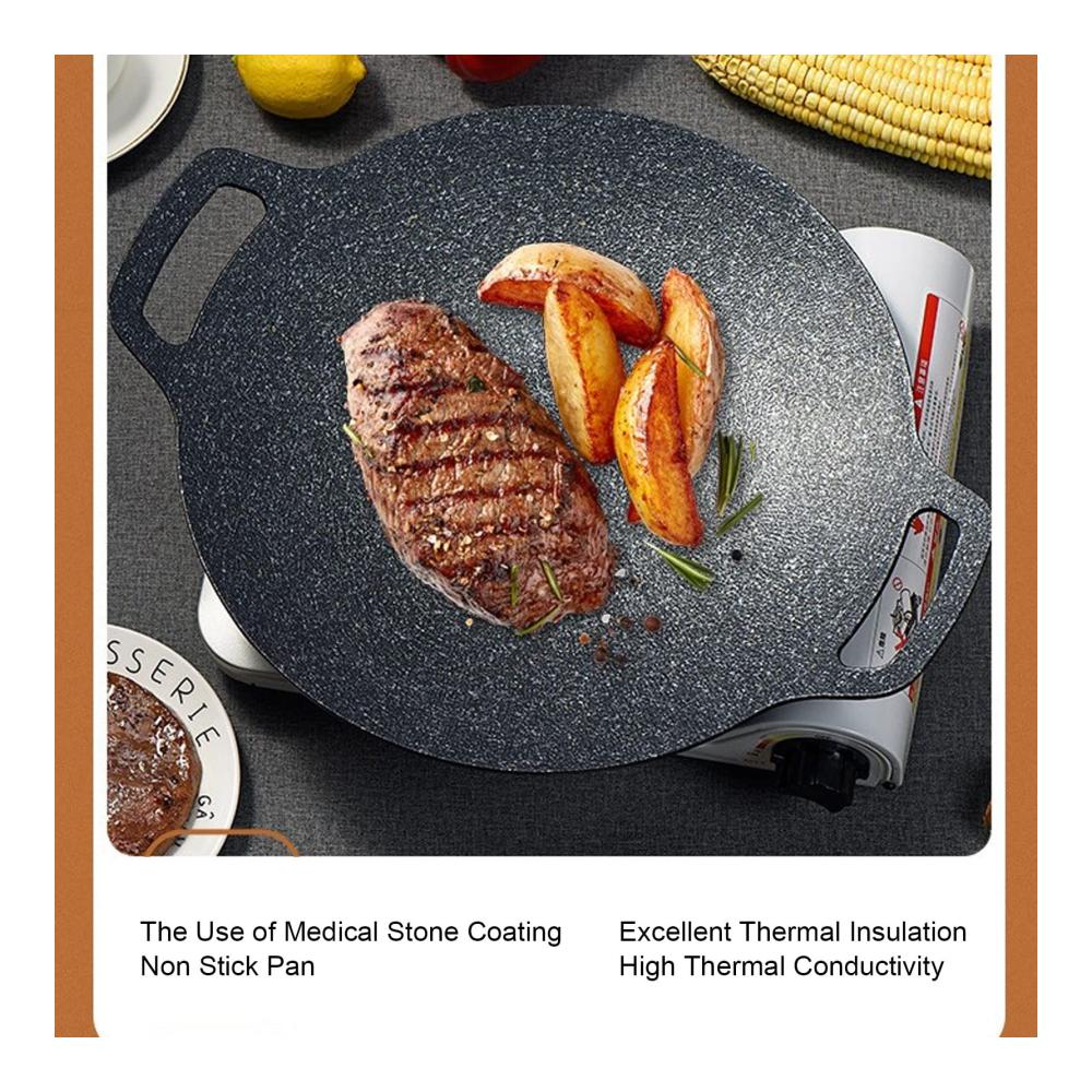 Entdecken Sie den Genuss des Grillens zu Hause mit unserer Runden Barbecue-Herdplatte im Koreanischen Stil! Aluminium-Antihaft-Grillpfanne mit medizinischer Steinbeschichtung für köstliches hausgemachtes Fleisch und Meeresfrüchte. Perfektionieren Sie Ihre Grillgerichte