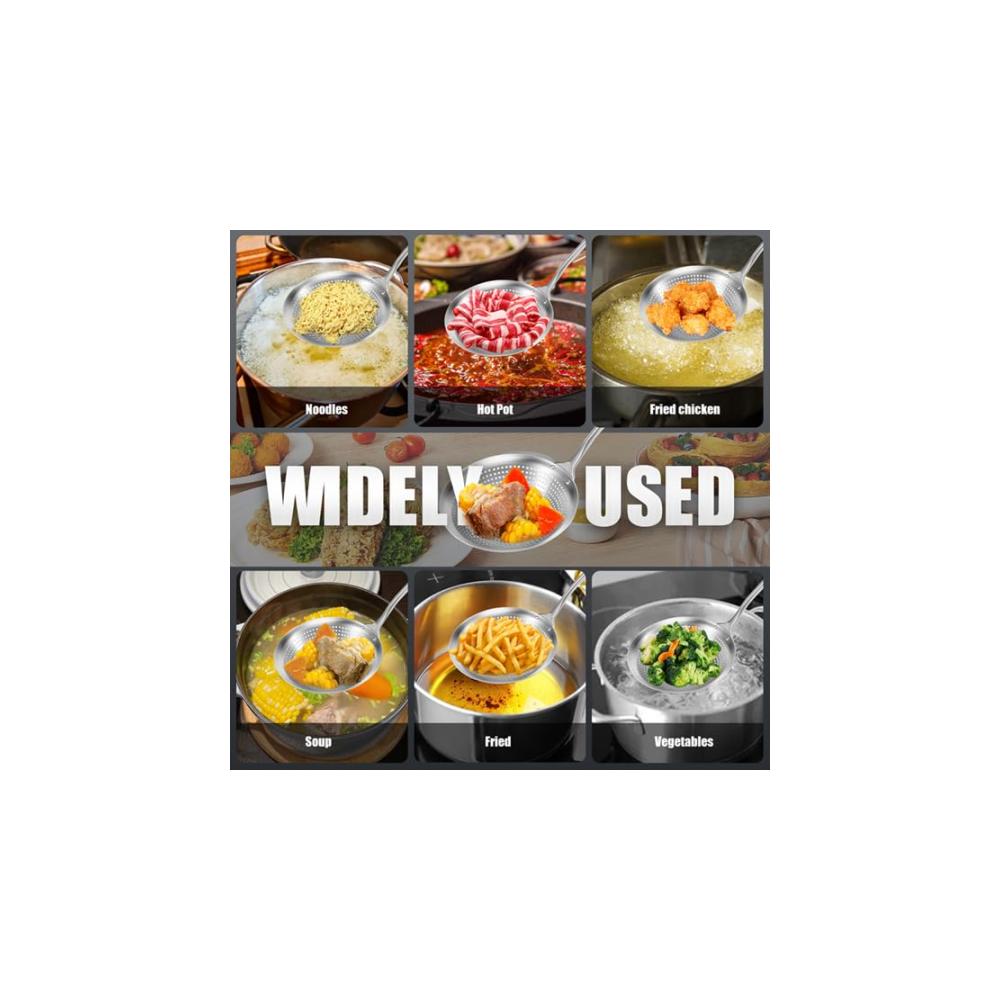 Schaum- & Abseihlöffel Edelstahl 42 * 14cm | Multifunktionale Schöpfkelle für Suppen Nudeln & Frittiertes | Hitzebeständiger Griff | Leicht zu reinigen
