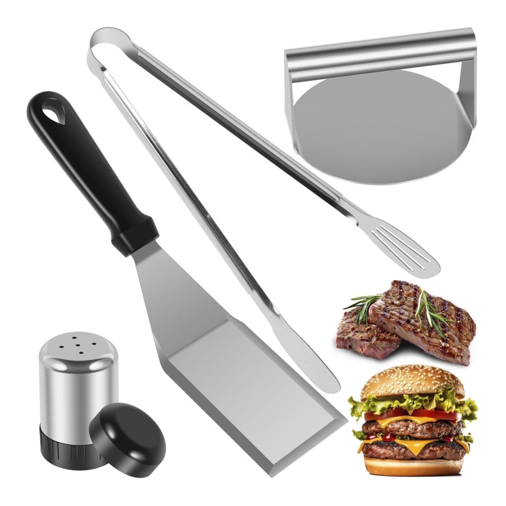 Edelstahl Fleischhämmer & Burgerklopfer Set - Profi Burgerpressen Kit für saftige Patties - Inklusive Bratenspatel Lebensmittelzange Fleischpresse & Pfefferstreuer - Premium Zubereitung von Burgersteaks