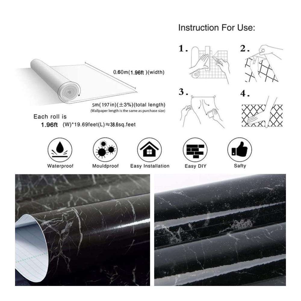 Marmor Klebefolie 60x500cm | Selbstklebend & Wasserdicht | PVC Möbelfolie in Schwarz | Dekofolie für Möbel Küche & Wand | Haftfolie für Möbelaufwertung
