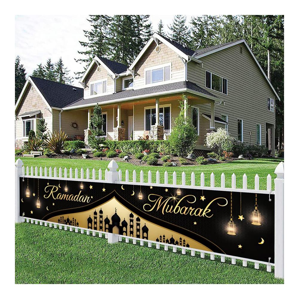 Ramadan Mubarak Dekorationen - Großes 300 x 50 cm Stoffbanner mit muslimischem Ramadan Kareem & Eid Mubarak Motiv - Schwarz & Gold - Perfektes Partyzubehör für Fotokabinen & Hofzaun-Dekorationen