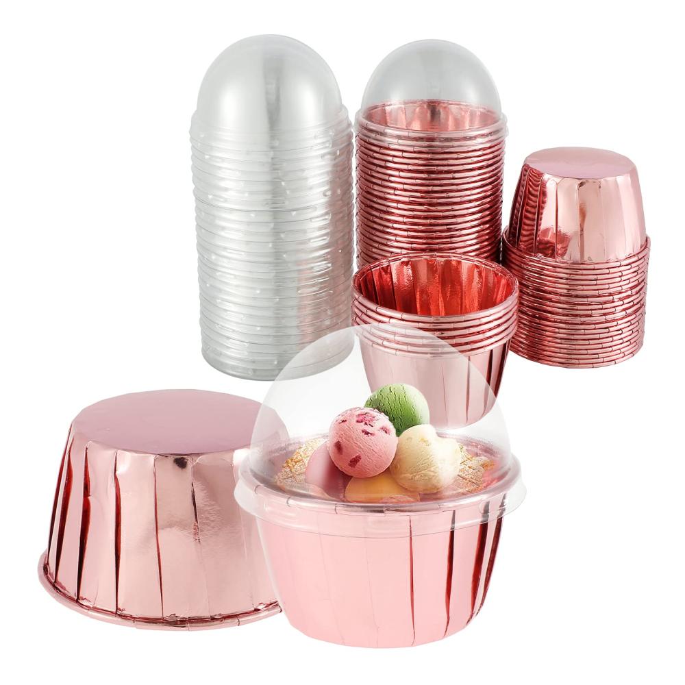 Einweg-Backbecher 50 Stück Roségold Cupcake Formen Papier 5cm mit Deckel Ölbeständig ideal für Partys Hochzeiten & Bäckereien