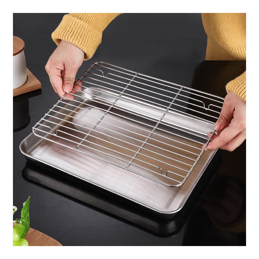 Premium Edelstahl Backbleche Set - Rechteckiges Backblech mit Abkühlgitter - 31×24×5 cm Antihaft Ofenform - Ideale Fettpfanne für Keks Kuchen und mehr - Backbleche für Ofen Grill und Kühlung