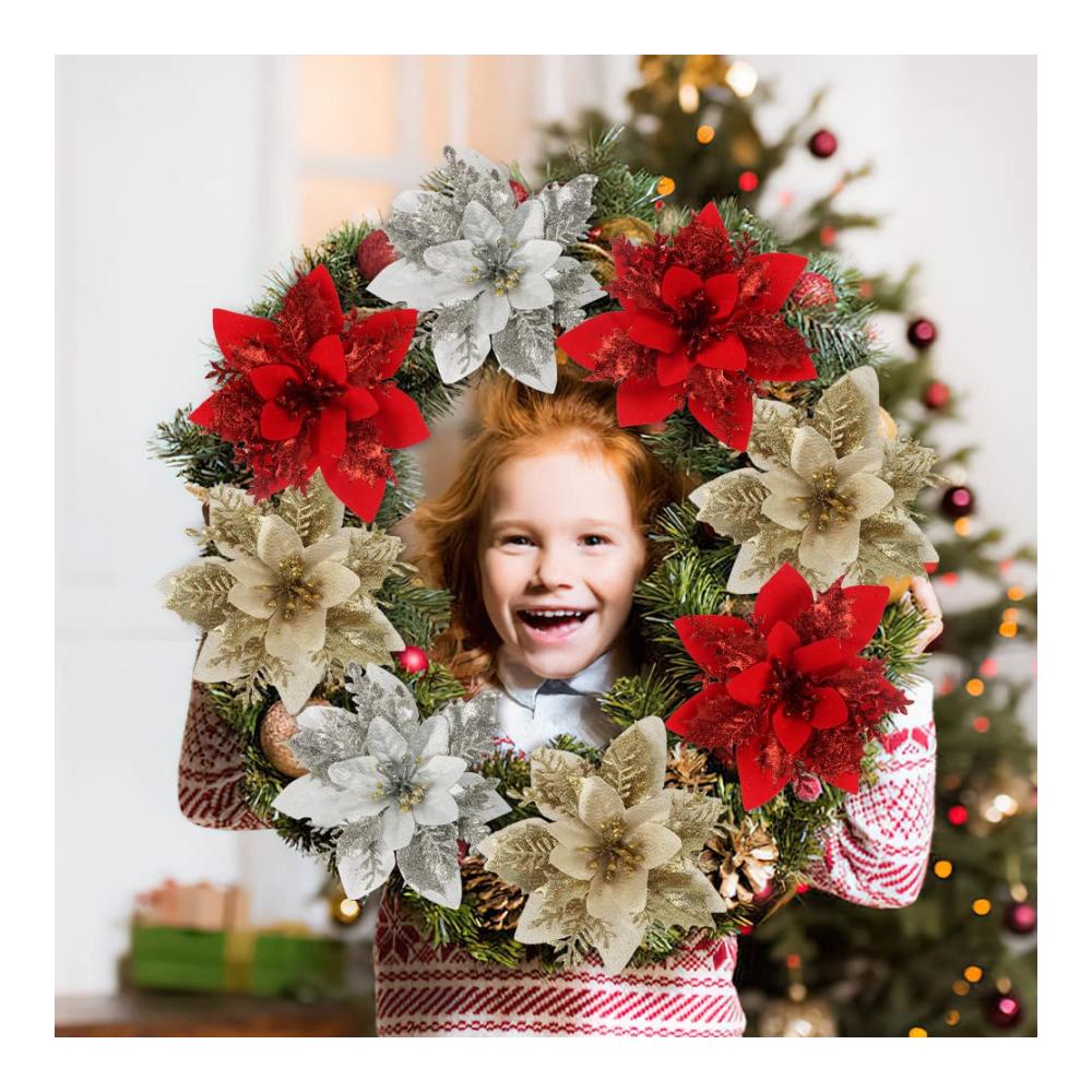 Blütenpracht im Glanz Weihnachtsblumen Set mit 15 Stück 14 * 14CM in Gold Silber & Rot - Perfekte künstliche Blumen für Weihnachten Hochzeiten Garten & Partydekorationen