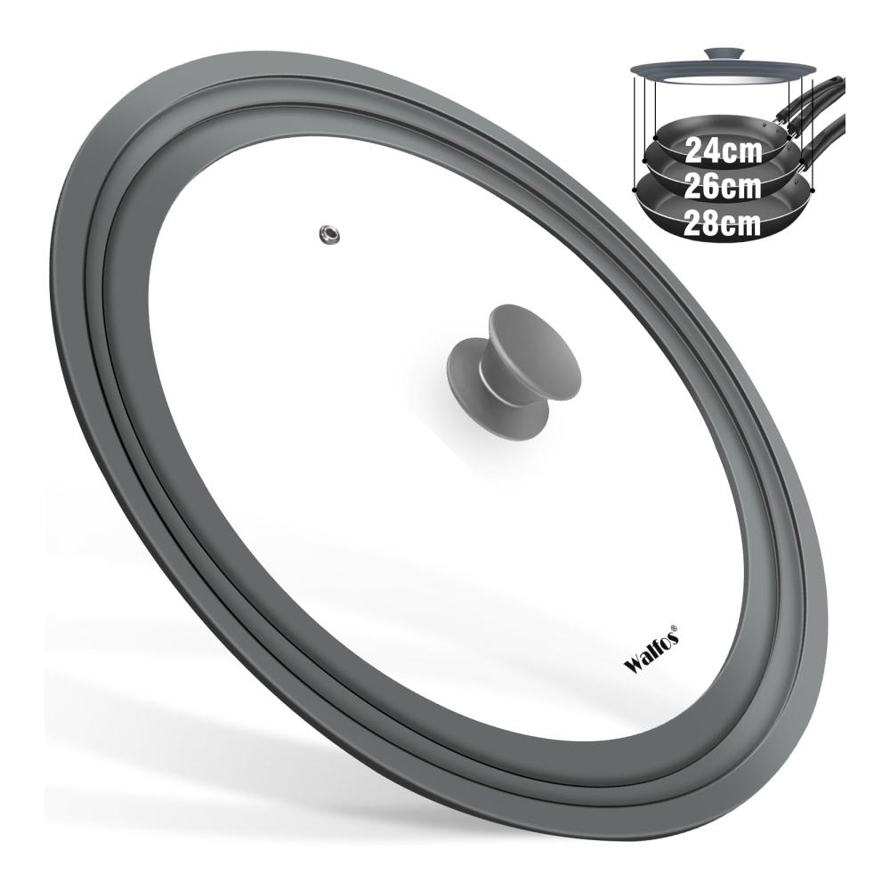 Hitzebeständiger Glasdeckel Set für Töpfe und Pfannen Ø 28 26 24 cm | Grau | Abgestufter Silikonrand | Perfekter Deckel für Kochen und Braten | Kochgesch