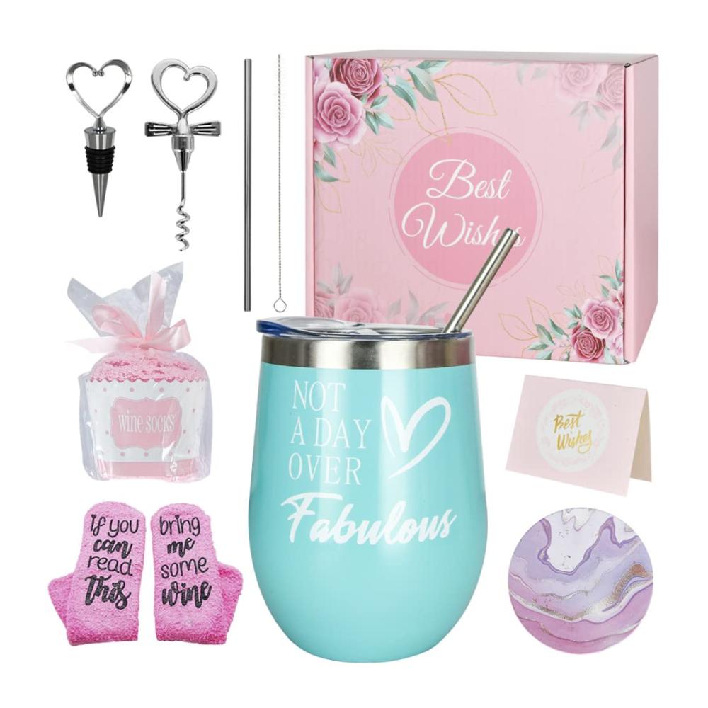 Premium Rotweingläser Geschenkset für Damen - 12oz Edelstahl Weinbecher mit Weinsocken in stilvoller Geschenkbox für Mutter Ehefrau Schwester & Freunde - Perfektes Weinliebhaber Geschenk - Blau